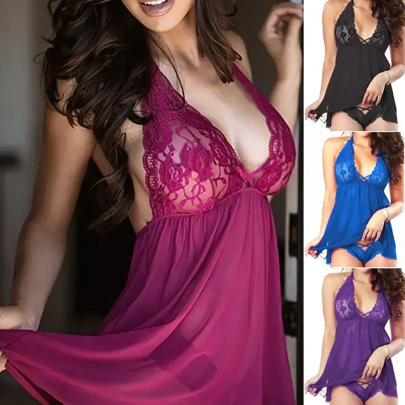 Sexy Lingerie Pajamas Ladies Sleeveless V-neck Nightdress Sexy Lace Dress Lingerie Thongs Sex Clothes Sexy Lingerie Pijama Mujer