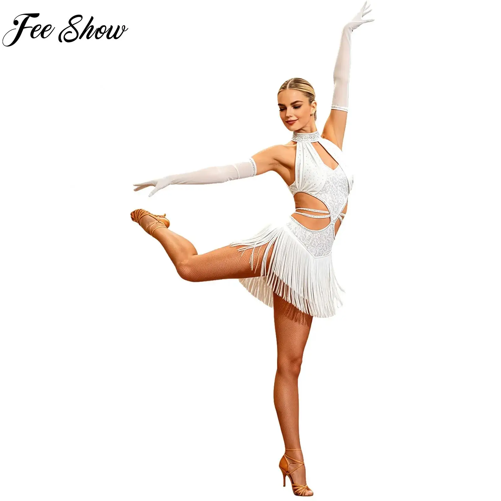 

Women Latin Dance Dress Sheer Mesh Tassel Elegant Dance Bodysuit Dress And Gloves for Stage Performance Ballroom Dance Show