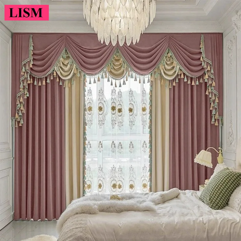 

European Solid Color Velvet Blackout Curtains for Bedroom Living Room Window Luxury Simple Valance Stitching Color Cloth Custom