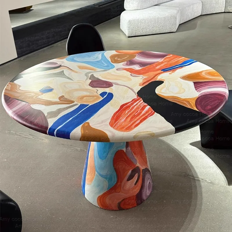 

Light luxury painted round solid wood dining table Dutch art designer personalized oil painting fashion round dining table