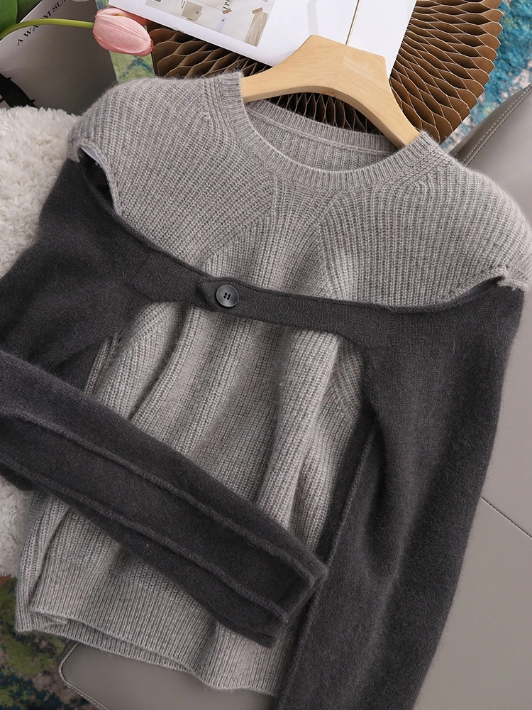 

Short Knitted Sweater Hollow out Design Color Block Neckline Wool Blend Commute Style Long Sleeve Straight Fit Knitwear