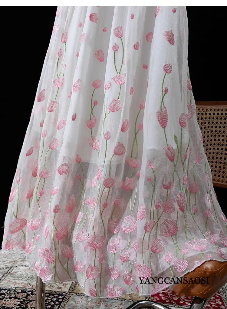 Beautiful Heavy Industry Embroidery 80% Natural Mulberry Silk Non Splicing Elastic Waist Large Swinging Elegant Skirt