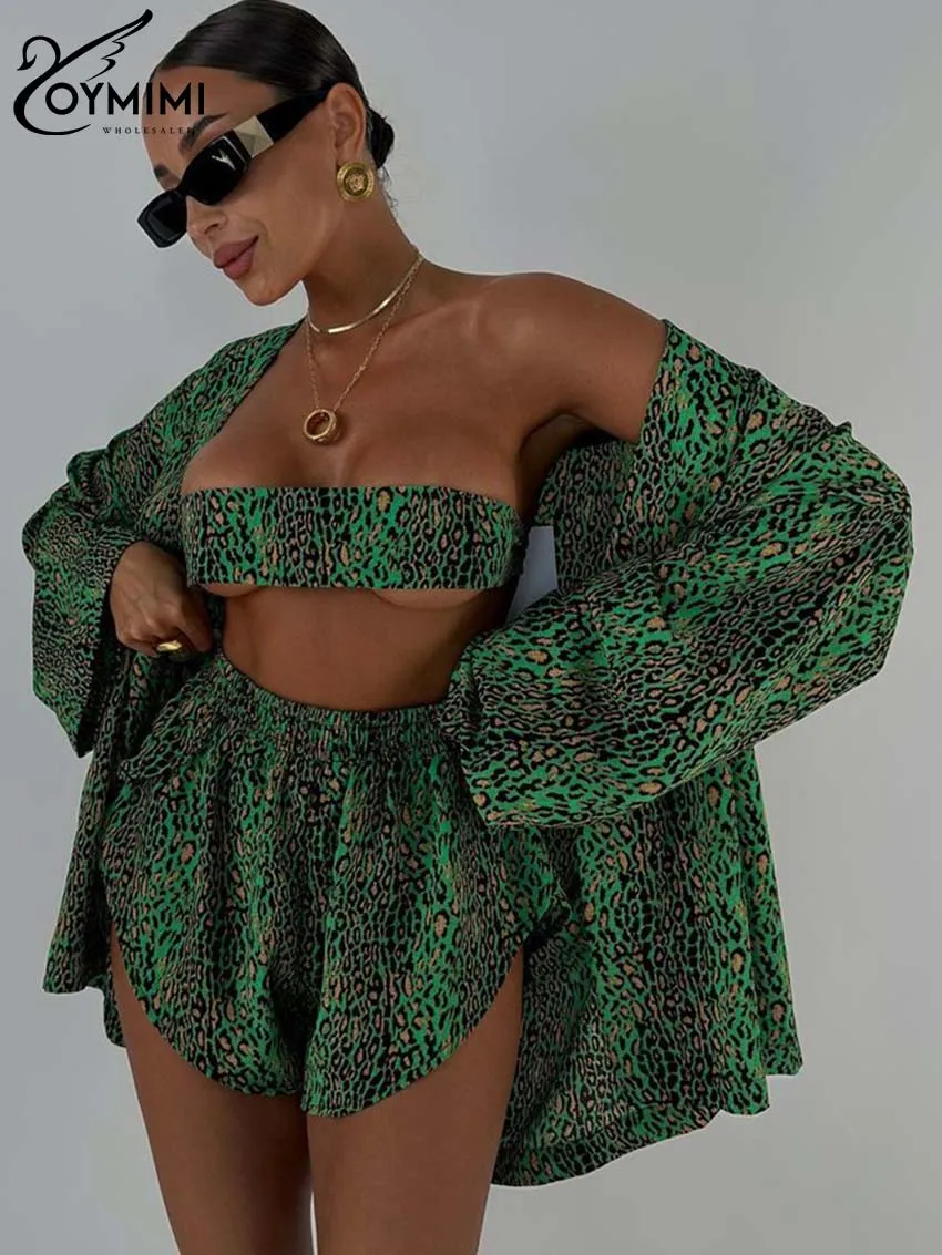 Oymimi Casual Green Leopard Print Two Piece Set For Women Fashion Long Sleeve V-Neck Lace-Up Blouses And High Waisted Shorts Set