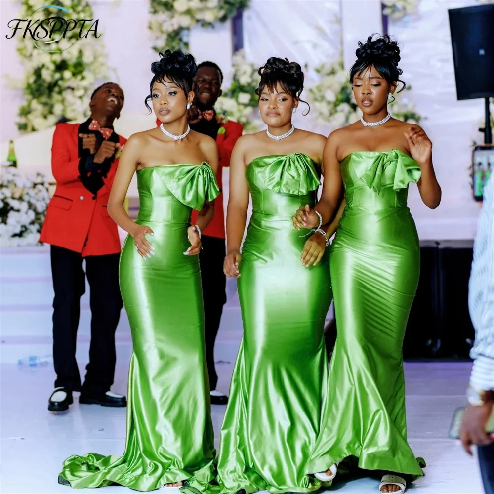 Shiny Lime Green Long Mermaid African Bridesmaid Dresses With Bow Corset Back Floor Length Satin Wedding Guest Gowns Cheap