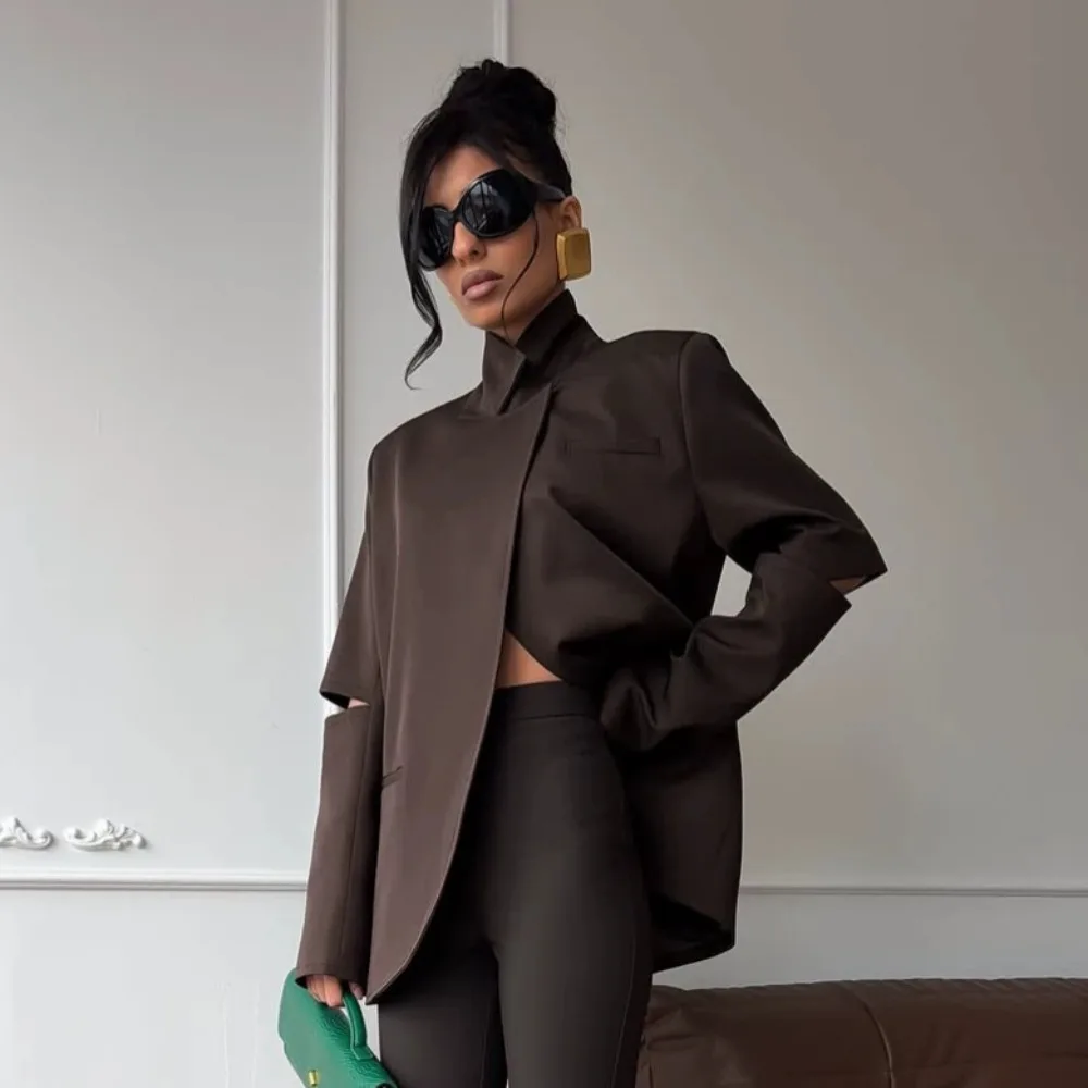 Irregular Diagonal Cut Stand Collar Blazer Autumn and Winter Women's Chic Loose Warm Office Conference Interview Casual Jacket