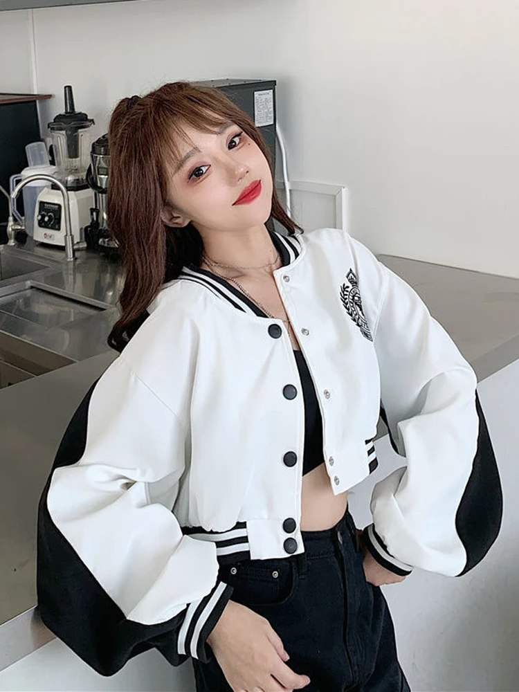 Zoki Sexy Cropped Baseball Jackets Women Harajuku Patchwork Embroidery Outwear Korean Casual Button Female Tops Spring Clothes