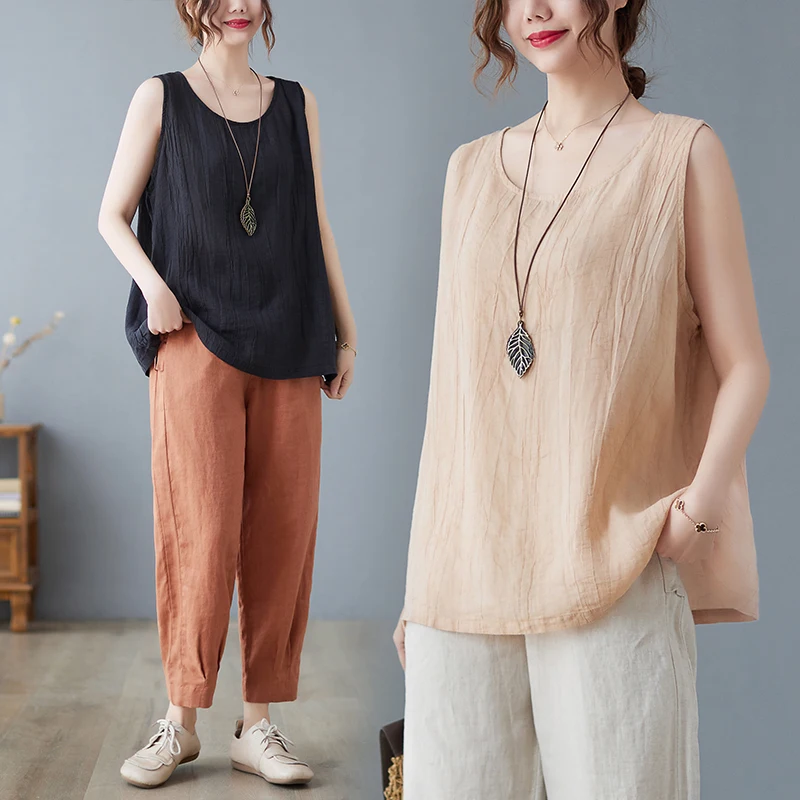 Retro Japanese Style Cotton Linen Crop Top Loose  Wrinkle Sleeveless Women's Shirt Commute Style round Neck Thin Model