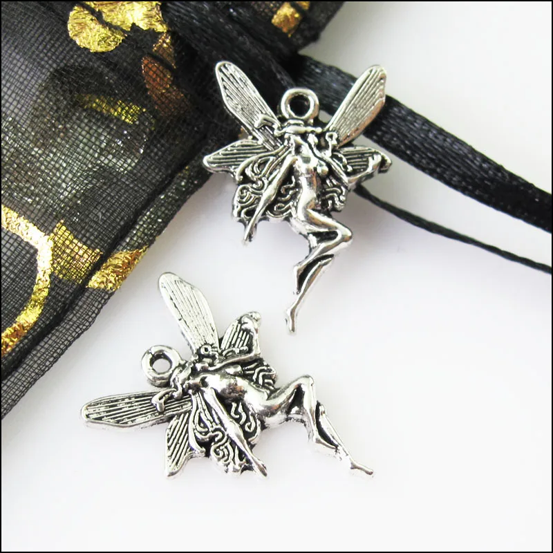 25Pcs Antiqued Silver Color Dancing Fairy Angel Wings Charms Pendants 15x21mm