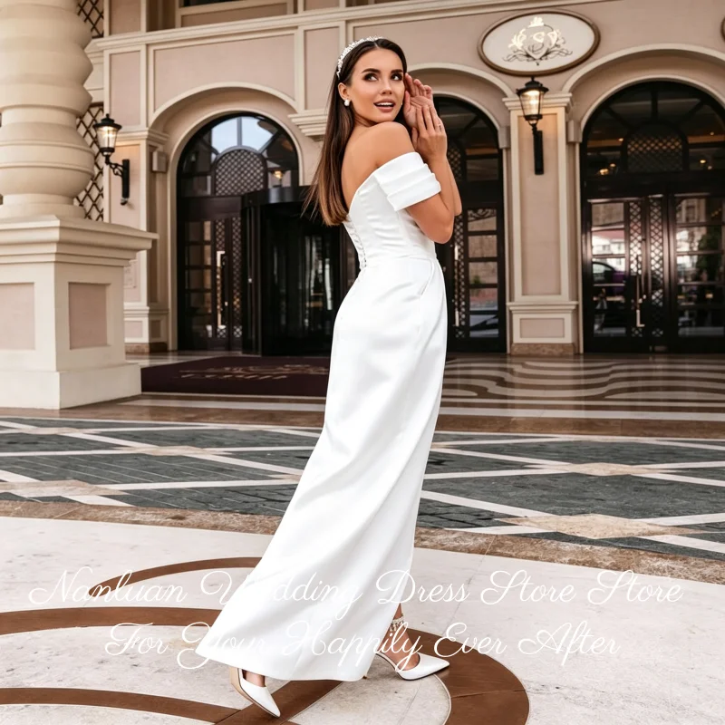 Floor Length Elegant Satin Wedding Dress Off Shoulder Fold Neck Draped Ruched Skirt With High Slit Vestidos de Novia Customized