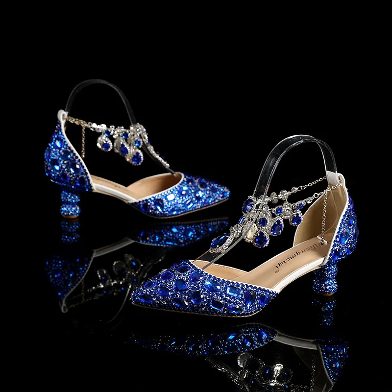 

5cm Rhinestone shoes buckle round heel blue pointed Crystal Wedding sandals social dance Prom shoes Latin shoes size 35-43