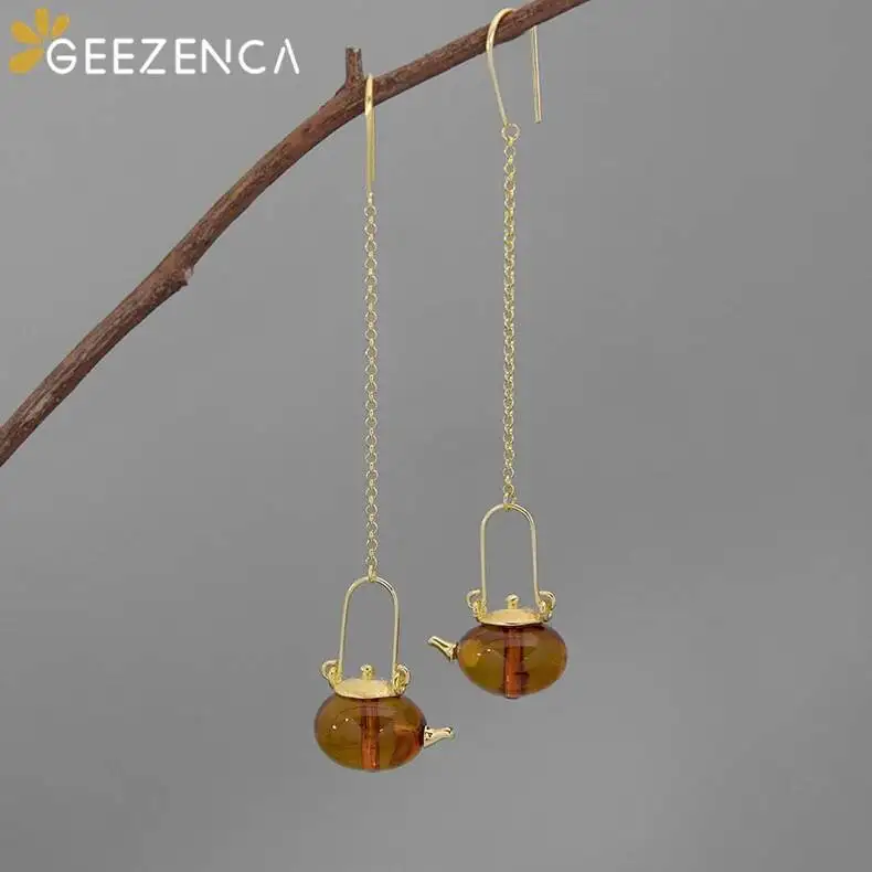 925 Sterling Silver Natural Amber Teapot Drop Earrings Fine Jewelry Chinese Style Trendy Original Design Earrings Girl Gift M008
