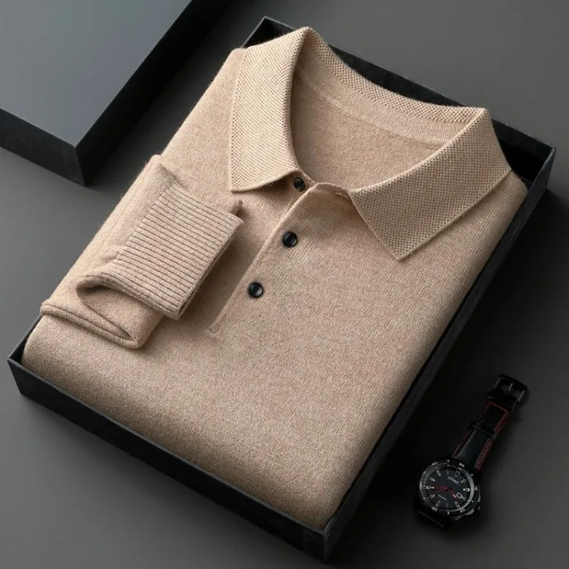 Men Lapel Wool Sweater Autumn Winter Solid Color Casual Middle Aged Knitwear Warm Undershirt