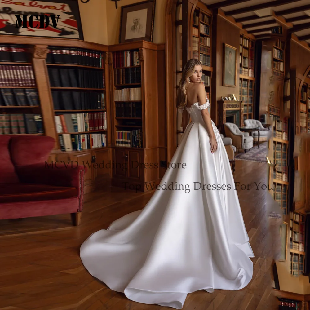 MCDV Off Shoulder Flowers Wedding Gowns For Women Satin Sweetheart Backless A-Line Bride Gowns Customized vestidos de novia 2025