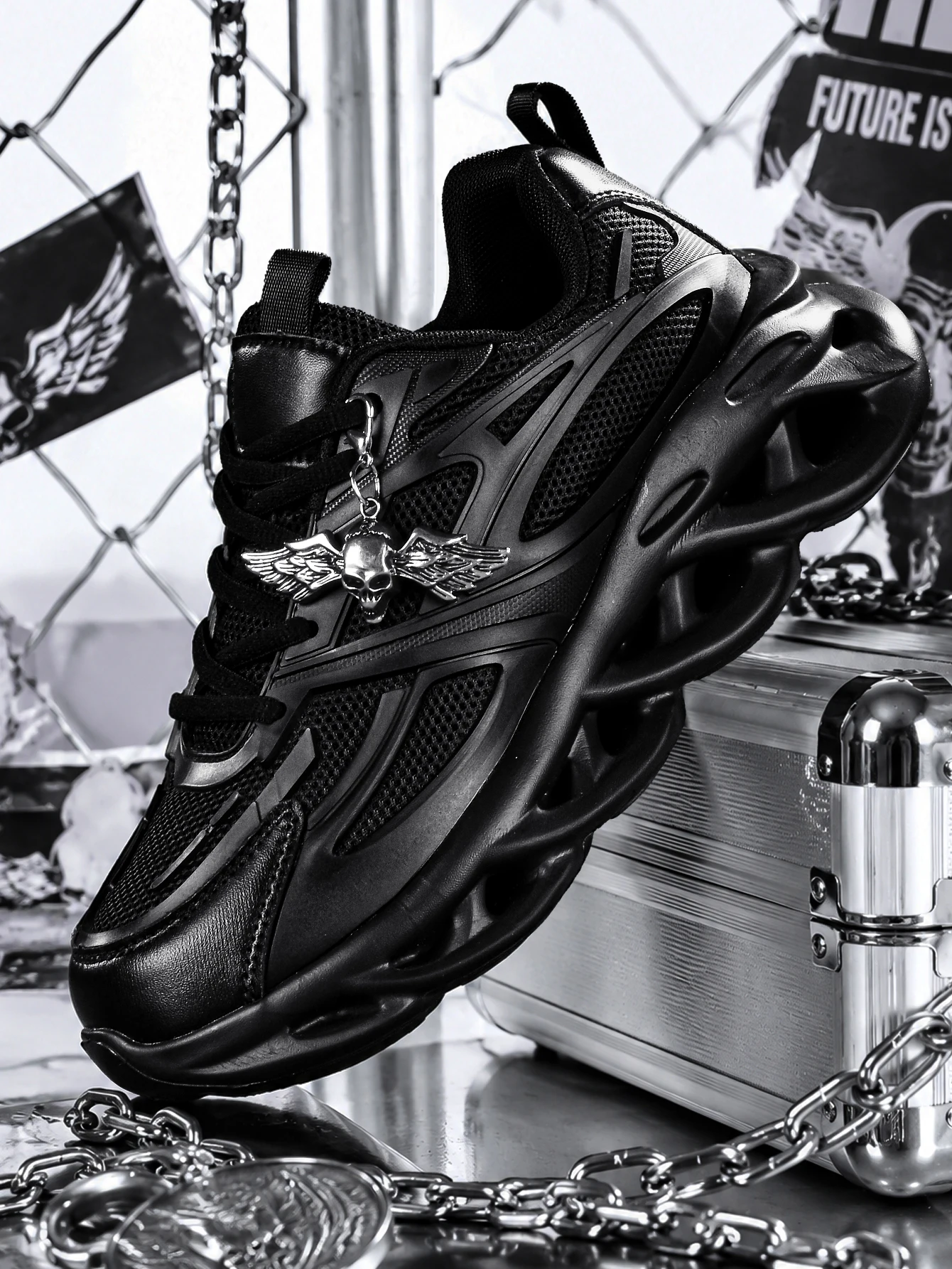 

Women's 2026 New Punk-Style Thick-Soled Vulcanized Shoes with a 5cm Height Increase, Dark Style Sweet-Cool Spicy Girl Sneakers, Versatile Casual Trendy Shoes, Breathable Mesh Fabric with Matte Leather Upper, Detachable Silver Angel Skull Metal Pendant, Ro