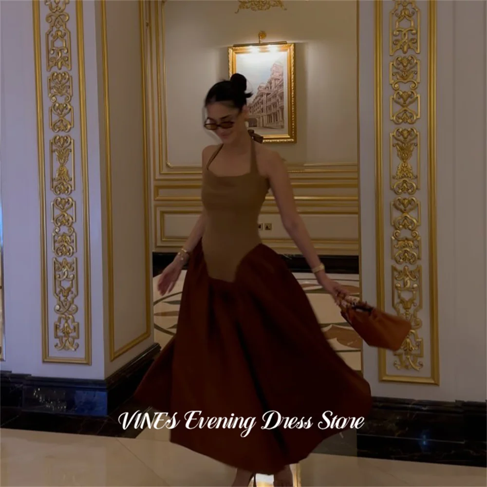 

VINES Mocha Brown Halter Prom Dresses Sleeveless A Line Evening Dress with Contrast Satin Party Dress Robe De Soirée Customized