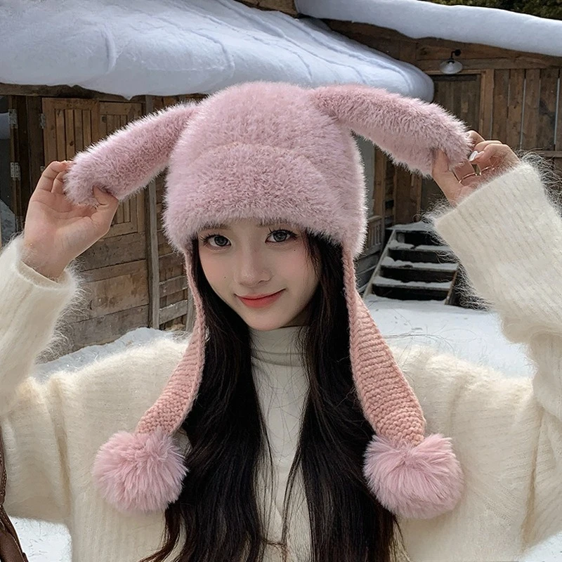 لطيف أفخم أرنب الأذن قبعة المرأة الشتاء في الهواء الطلق غطاء للأذنين الدافئة رئيس قبعة جو الشعور الوجه قبعة صغيرة محبوكة