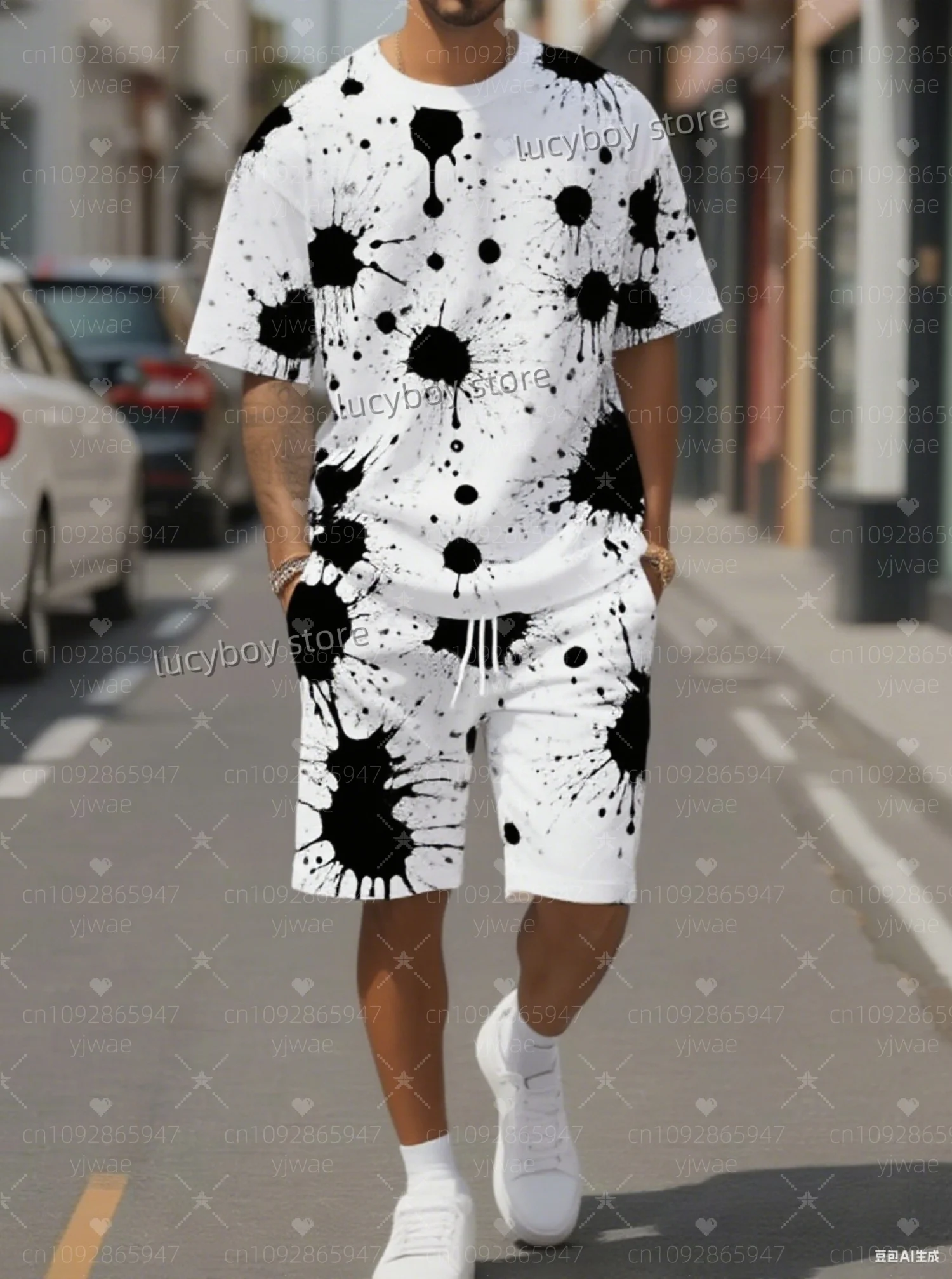 

Summer Men 3D Splashed ink oil paint Set Short Sleeve T-Shirt Shorts Set Adult Sport Jogging Plus Size Tracksuit 2 Piece Set