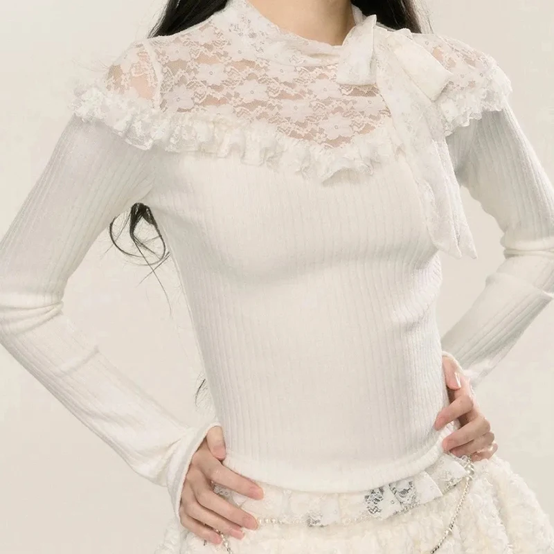 레이스 나무 귀걸이 패치 워크 블랙 스웨터 긴 소매 슬림 섹시한 시스루 니트 스웨터 컷 아웃 달콤한 우아한 화이트 풀오버