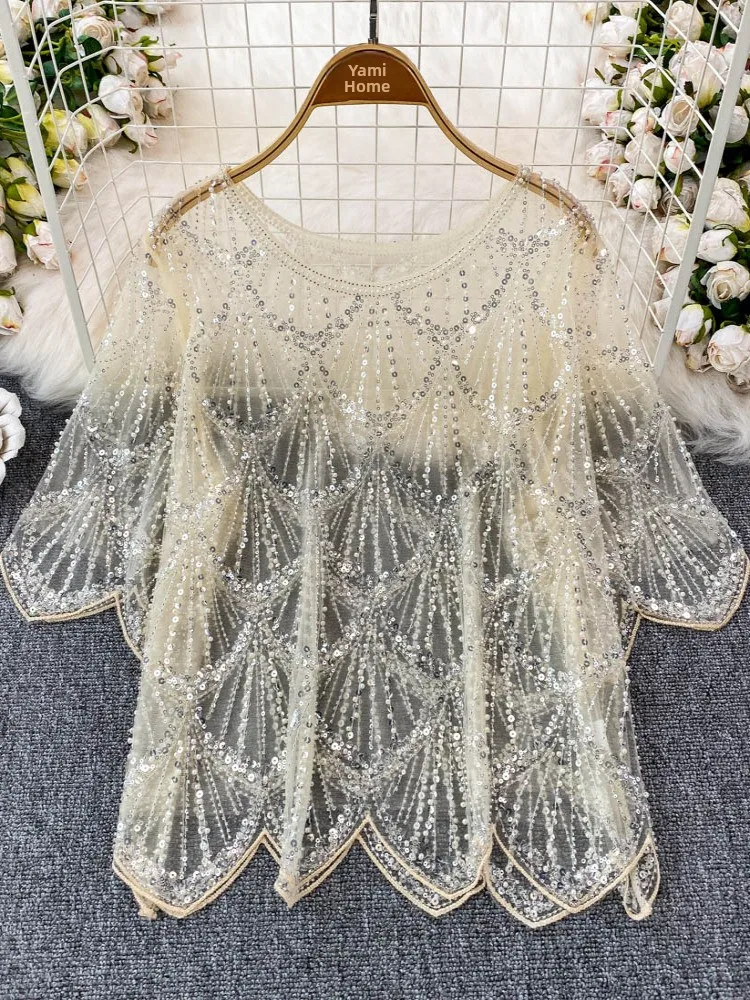 

Летняя женская свободная футболка с блестками и пайетками, короткий рукав, высокое качество, прозрачная, для повседневной носки, стандартная длина, пуловер