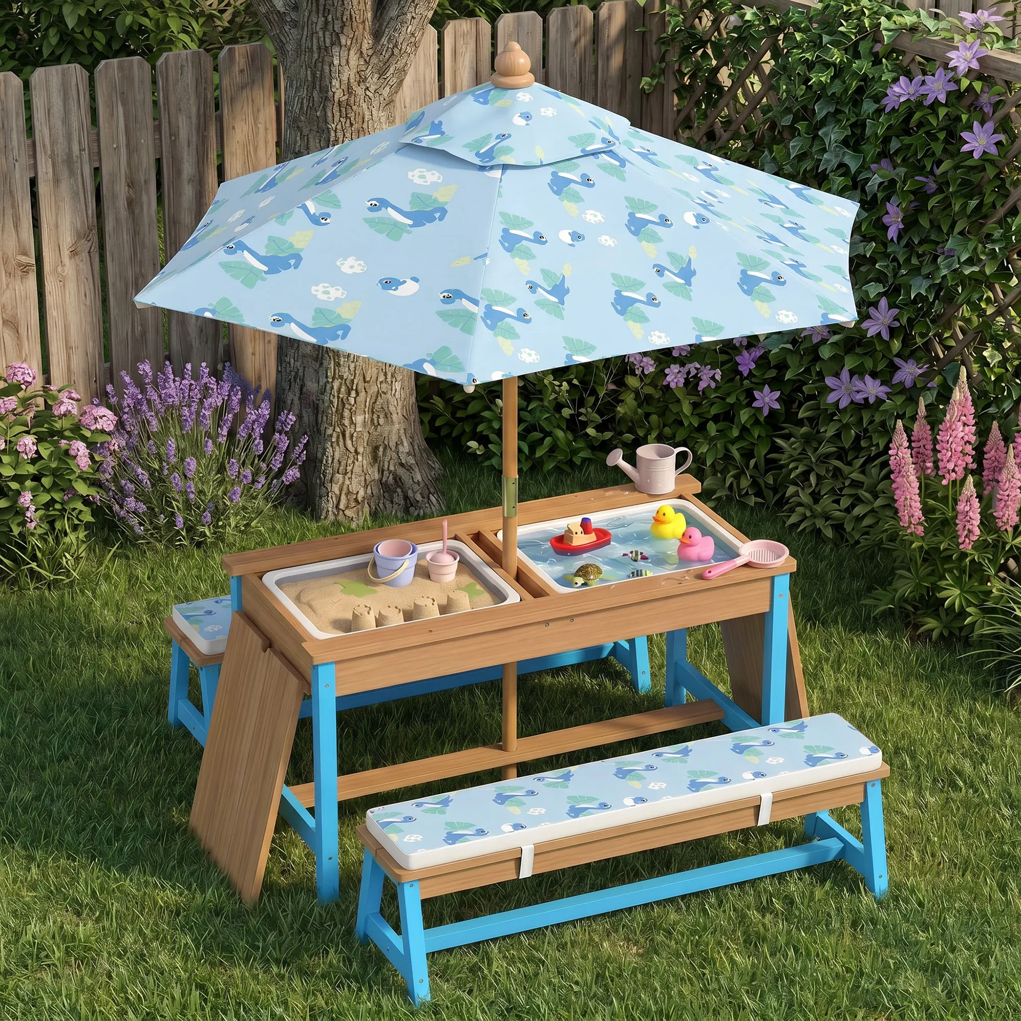 Dinosaur Themed Kids Picnic Table Set with Foldable Umbrella Removable Cushions And Storage Boxes Blue