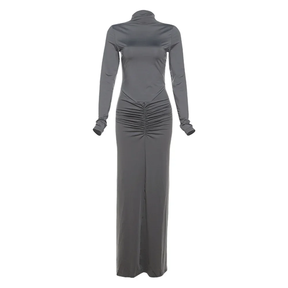 Slim Fit Dress Women Maxi Dress Evening Event Grey Draped Waisted Frock Vacation Spring Autumn Dress Comfortable Style