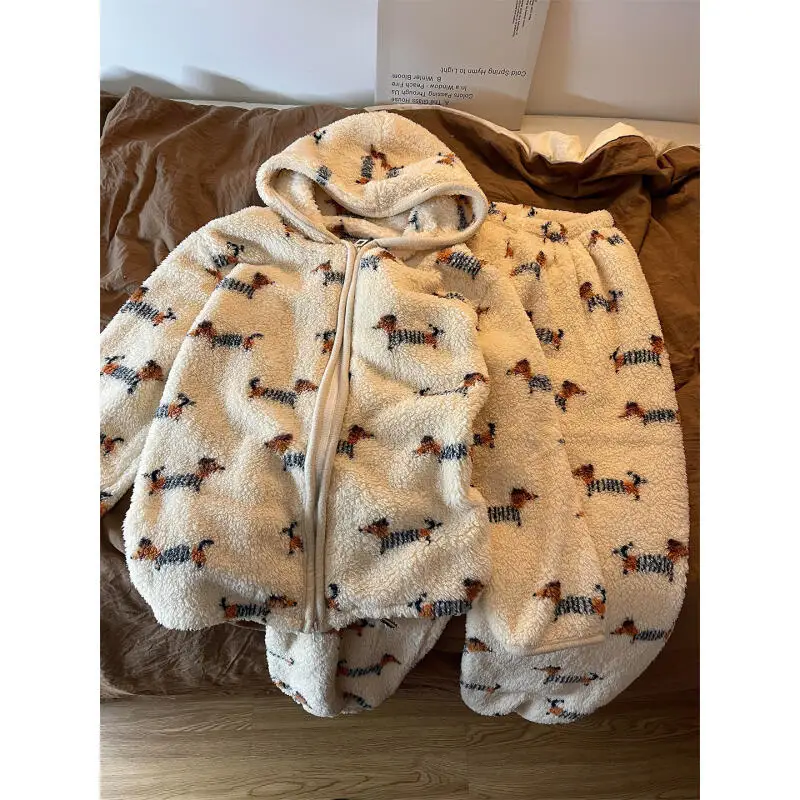 

Coral Fleece Women's Pajama Set Winter Cute Soft Sticky Hooded Sleepwear New Fleece-Lined Nightwear Thicken Keep Warm Homewear