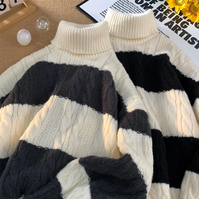 

Мужской вязаный свитер с высоким воротником, весенне-осенний, свободного кроя, базовый слой, в американском ретро-стиле, с полосками и узором косы