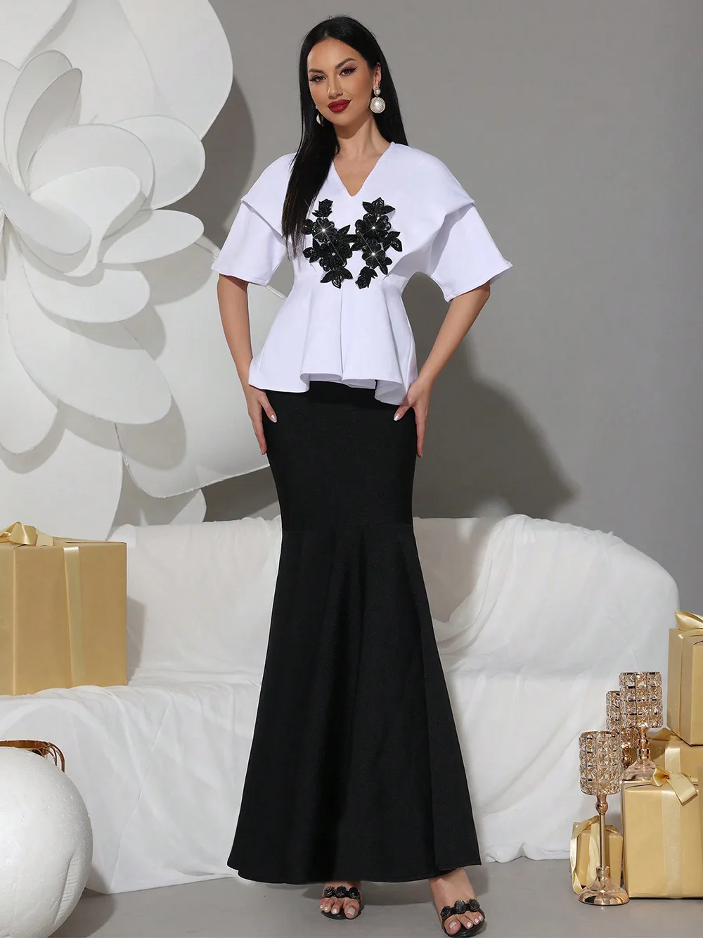Modphy Elegant Rhinestone Appliques Half Sleeve Top&High Waist Mermaid Long Skirt Two Piece Set Women Formal Bandage Dress Set