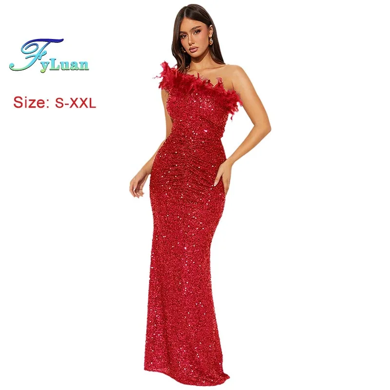 جديد أزياء المرأة فستان طويل بلون الترتر ريشة الربط Bodycon اللباس مثير مساء حفلة موسيقية الملابس يميل فستان بكتف