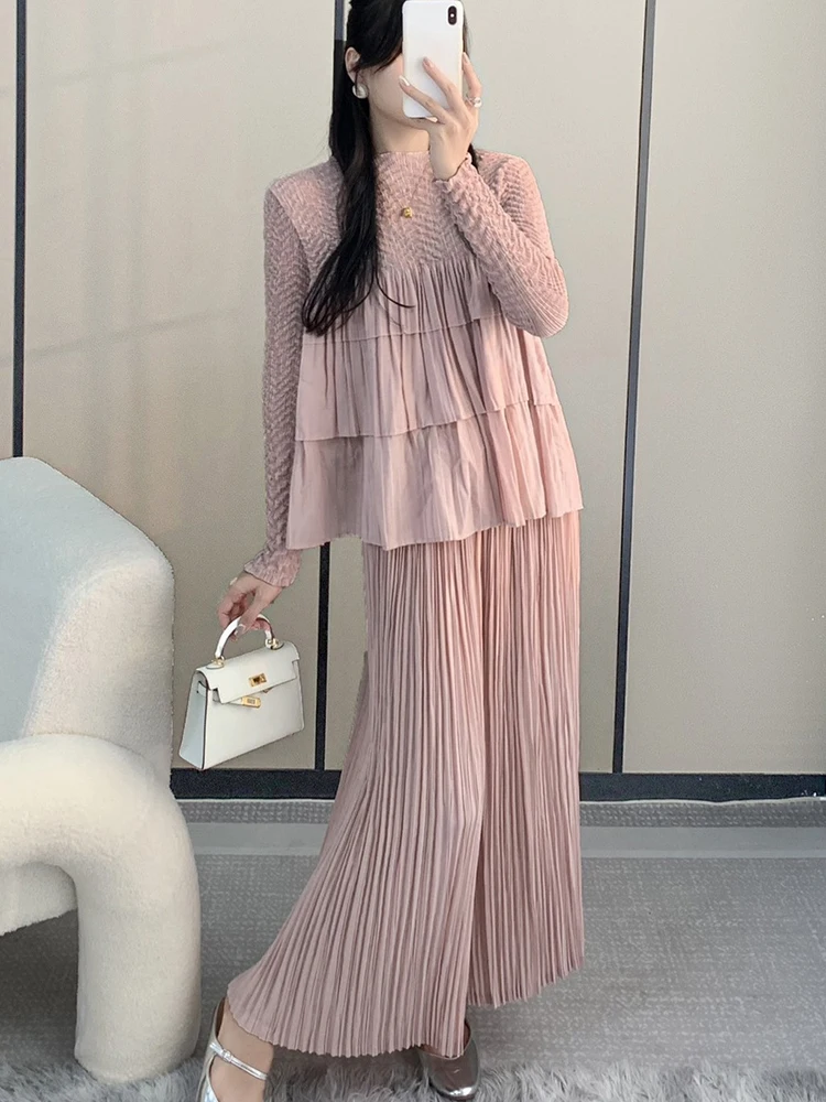 LANMREM 2 Pieces Pleated Pants Sets Stitching Long Sleeves Shirts With Wide Leg Trousers Female Elegant Clothing New 2DB1510