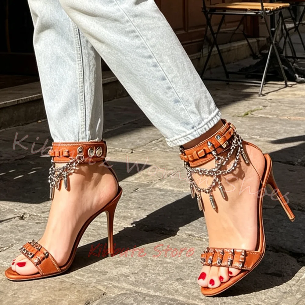 Metal Chain Buckle Strap Sandals Summer Fashion Elegant Novelty Sexy Women Party Dress Shoes Round Toe Thin Heels Leather Newest