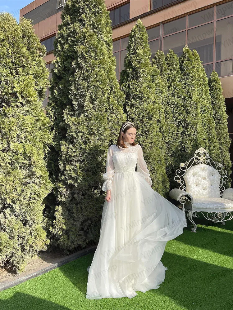 New Arrival Summer Wedding Dresses Long Sleeve High Neck White Bride Dress A Line Appliques Garden Beach Bridal Gown Customized