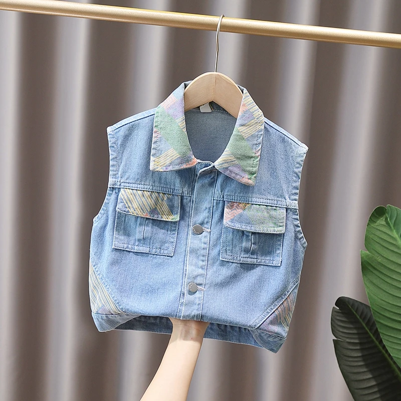 2024 Spring and Autumn Boys Fashion Splicing Printed Button Lapel Pocket Denim Vest Coat Children's Clothing 1-8y