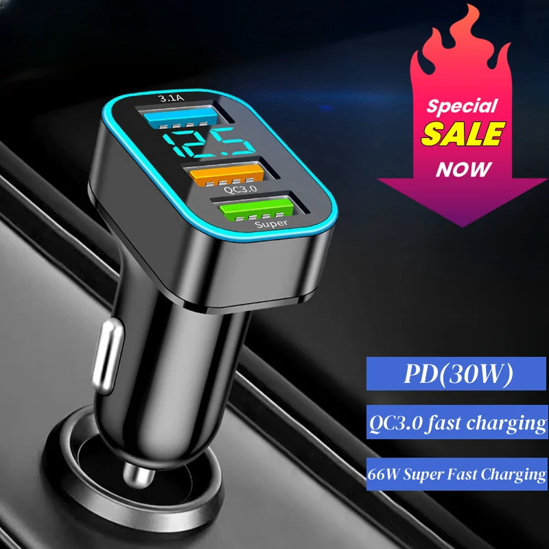 SEAMETAL 66W Car Charger Quick Charge Cigarette Lighter Adapter 3-Port USB A+C Fast Charging Phone Charger with Voltage Display