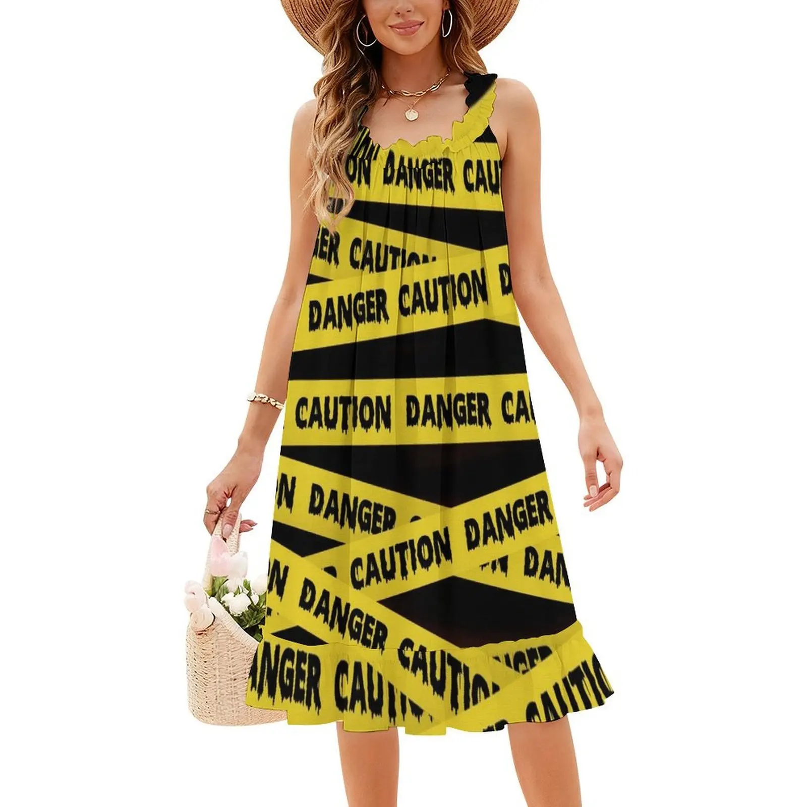 الحذر الشريط خطر الجريمة المشهد الشريط البوهيمي أكمام فستان متعدد طباعة الشاطئ عطلة فستان حفلة الحذر الشريط خطر الجريمة #4