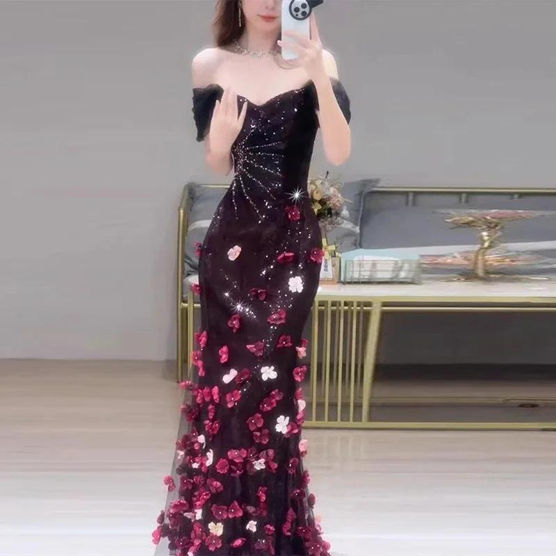 

Elegant Party Wedding Engagement Reception Flower Sequin Dress Women Off-Shoulder Evening Dresses Sequin Evening Gown Vestidos