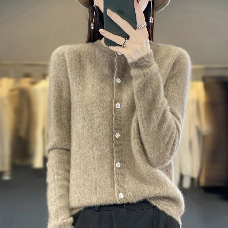 2024 Spring Autumn Winter New 100% Merino Wool Crewneck Sweater Cardigan Women\'s Fashion Jacquard Knit Cardigan Wave Edge Top