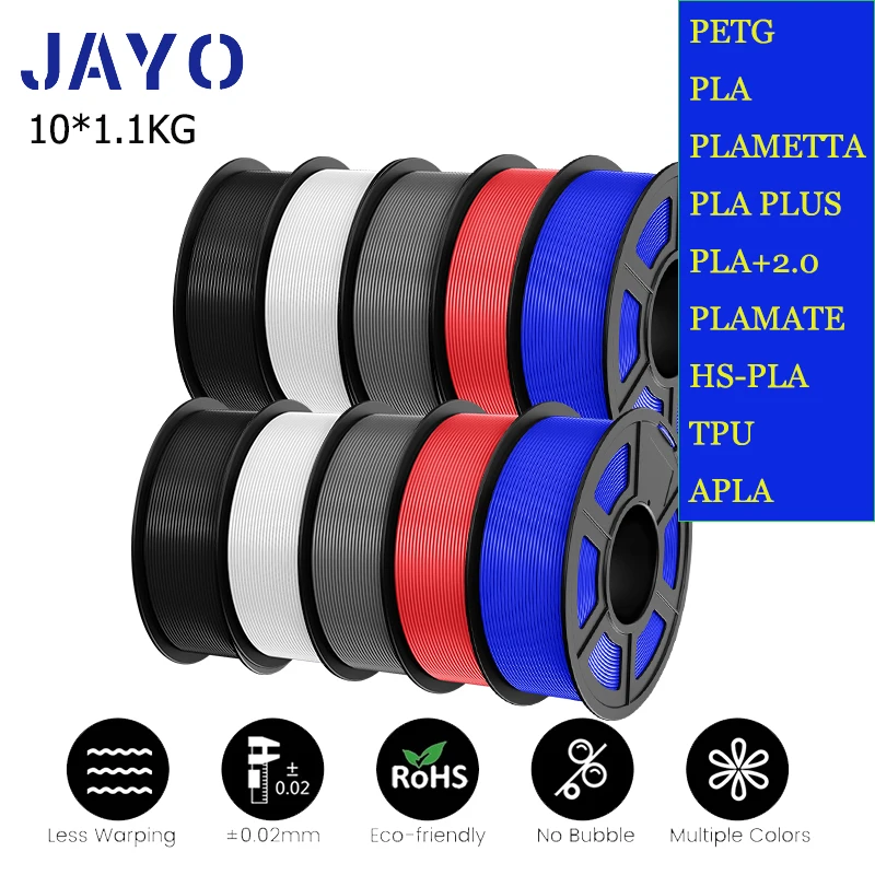 JAYO PLA /PETG/PLA+2.0/PLA PLUS/ABS/TPU Filament 3D Printer 1.75mm 10Rolls for FDM 100%No bubbel 3D Printer Materials DIY Gift