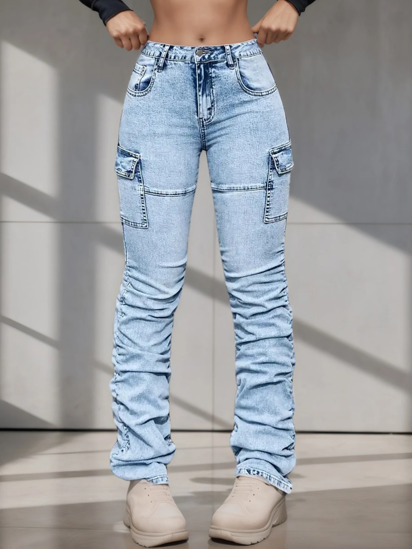 

Новинка 2023 года: женские эластичные джинсы с несколькими карманами и высокой талией, уличные модные повседневные облегающие штаны, удобные штаны Fi