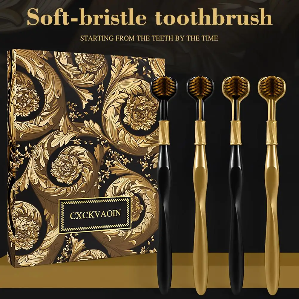 4Pcs C‑Shaped Triple Sided Manual Toothbrush Soft PBT Bristles Tongue Cleaner Luxury Gold Black Tooth Brush for Oral Care