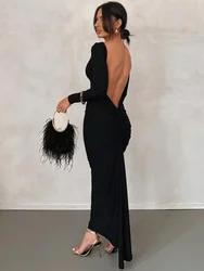 Moda elegante Backless manica lunga abito da ballo Streetwear Y2K 2024 autunno donna aderente festa di nozze abiti da sera neri