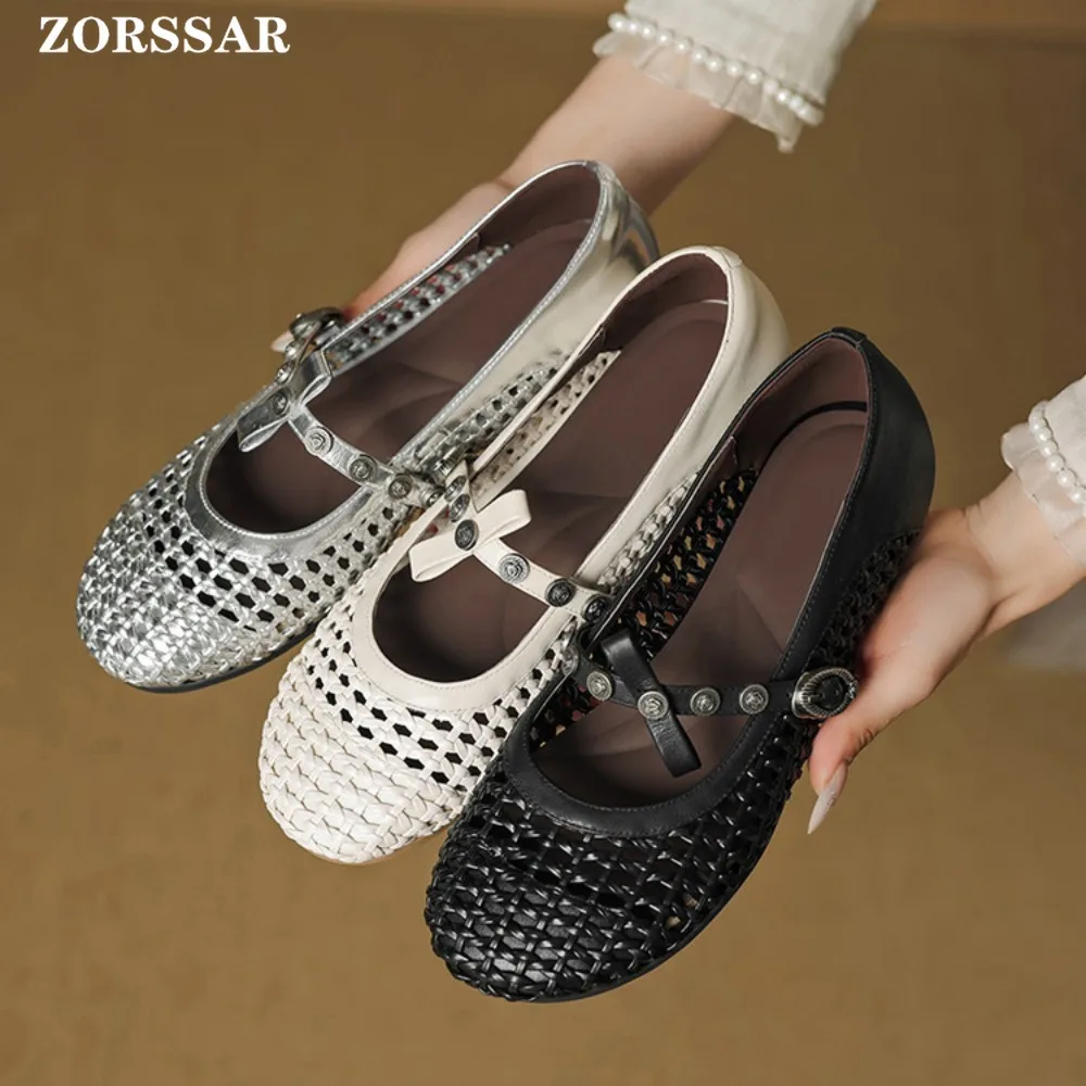 Luxury Crystal Rhinestone Fishnet Ballet Flats Woman Brand Design Rivet Mesh Mary Jane Shoes Ladies Summer Loafers Plus Size 40