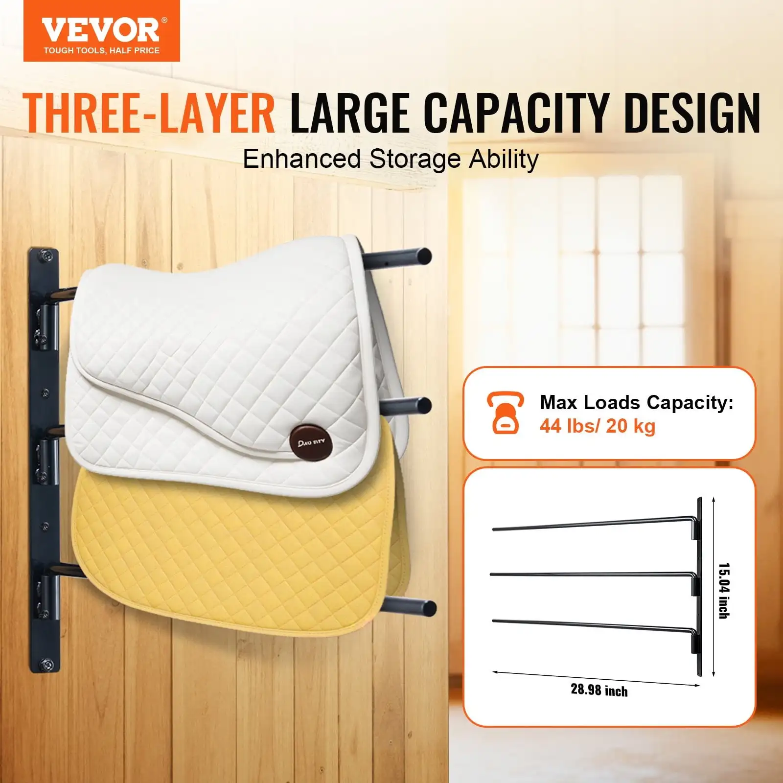 

Wall Mounted Saddle Rack Three Tiers Swing Out Saddle Pad Holder