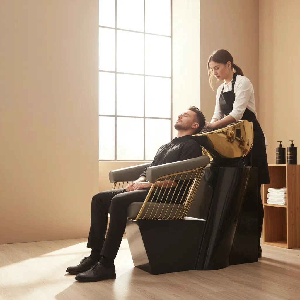 Keyunshi Light Gray & Gold Salon Shampoo Chair, Ergonomic Armrest, Plush Cushion & Premium Basin Finish for Hair Salons