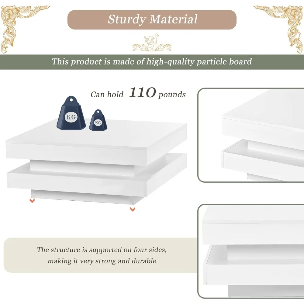 Modern 2-Tier LED Square Coffee Table with 16-Color Plug-in for Living Room