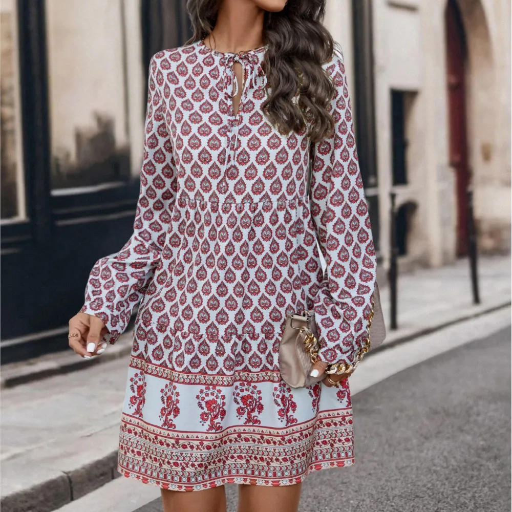 

Elegant Lace Up Open Neck Long Sleeved Mini Dress For Women 2024 Autumn/winter New Female Floral Printed Dress Y2k Vestido Mujer