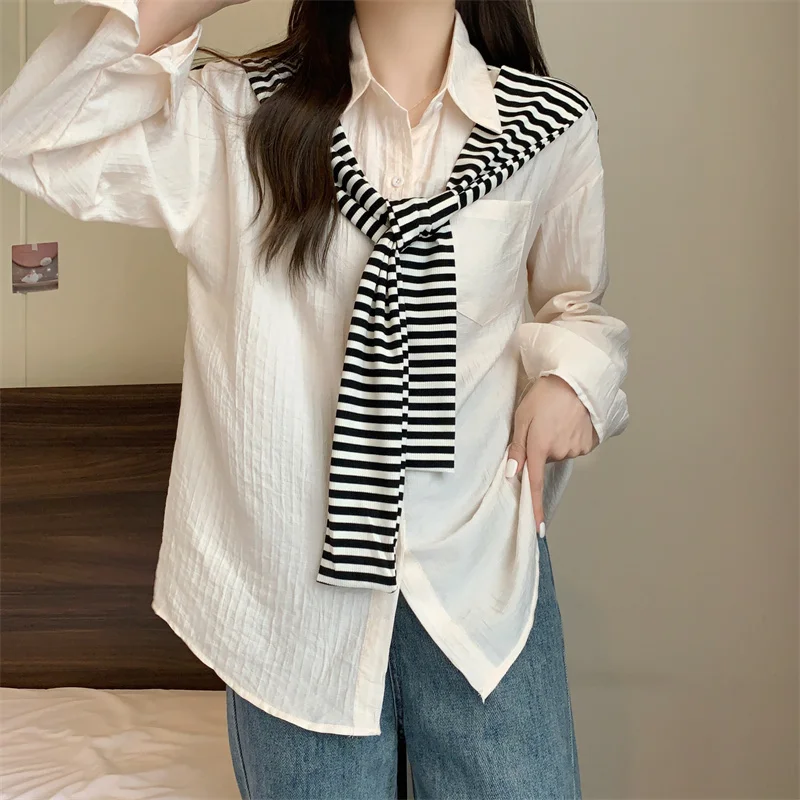 S-4XL Large Size Large Striped Patchwork Shirts Women Casual Straight Loose Blouse Chic Top Long-sleeve Lace-up Tops Spring