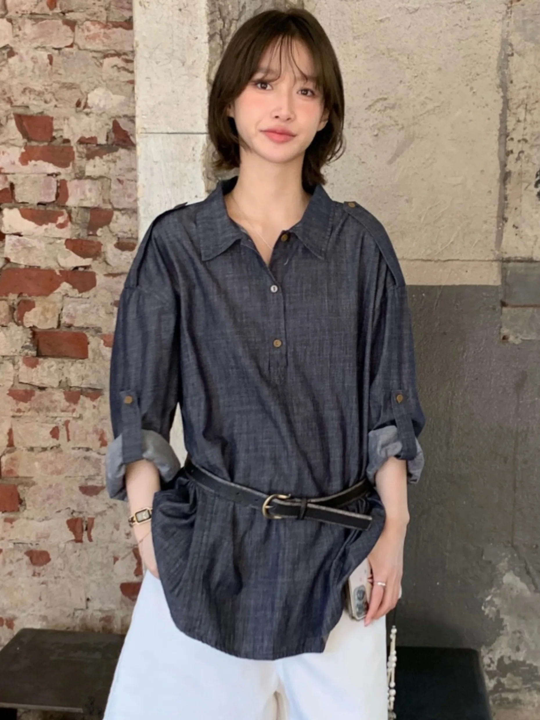 

Versatile Retro Hong Kong Style Single Buttoned Collar Denim Shirt Women's Fashionable Autumn New Arrival Long Sleeve Inner Wear