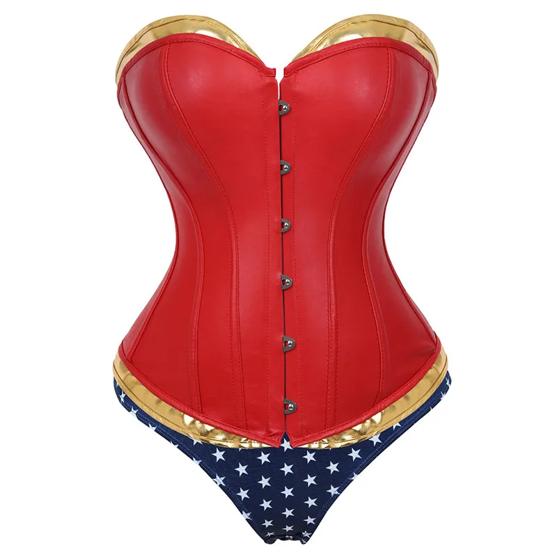 Leather Corset Top Plus Size  Sexy Steampunk Bustier Fashion Overbust Burlesque Basque Lingerie Costumes Red Gold