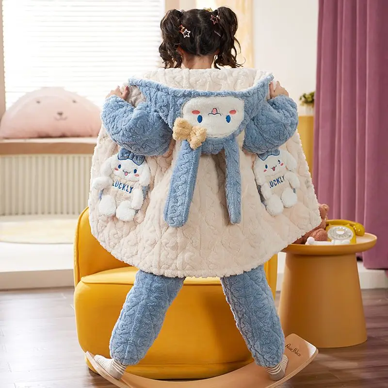 2 قطعة بيجامات الأطفال سانريو سينامورول جديد ثلاث طبقات القطن الشتاء سميكة الدافئة الفتيات الأميرة نمط الفانيلا ملابس المنزل